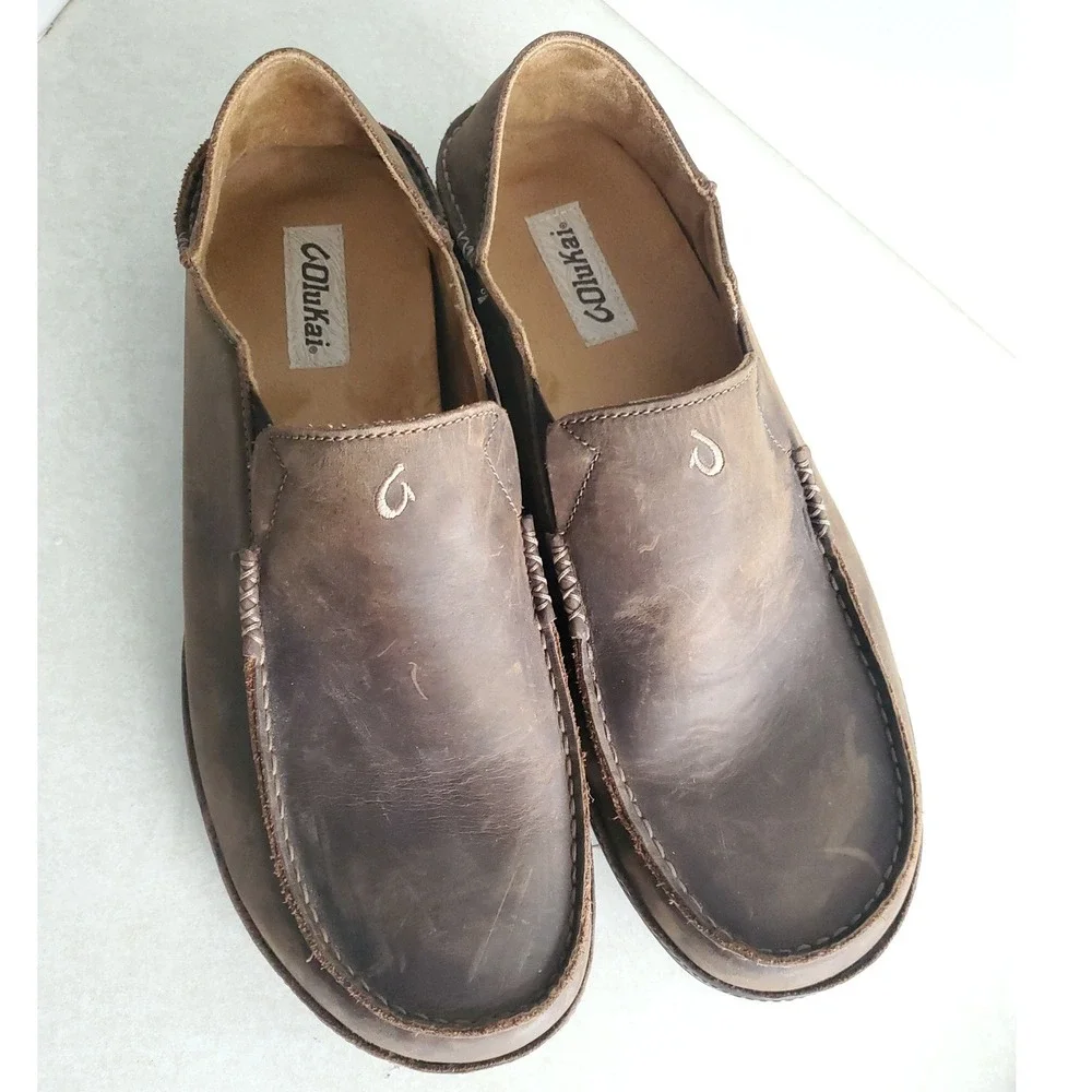 OluKai Moloa Slip On Shoes Dark Wood Leather Comfort Casual Loafers Mens 13